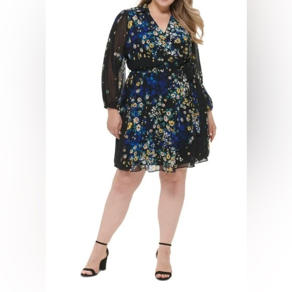 DKNY Yellow and Blue Long Sleeve Bishop Sundress - Picture 1 of 8